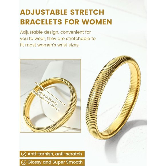 Women Gold Stainless Steel Stretch Flexible Wide Wristband Bangle Chain Bracelet - Picture 4 of 9